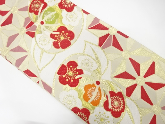 麻の葉に橘・花模様織り出し　振袖用袋帯