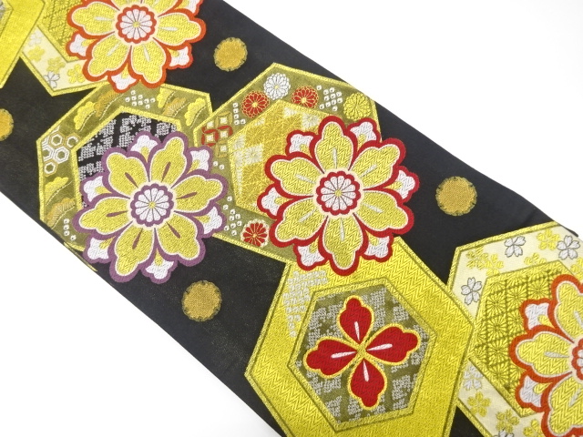 未使用品　亀甲に花模様織り出し　振袖用袋帯