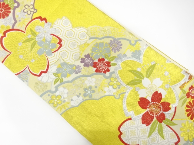 雪芝に桜模様織り出し　全通振袖用袋帯