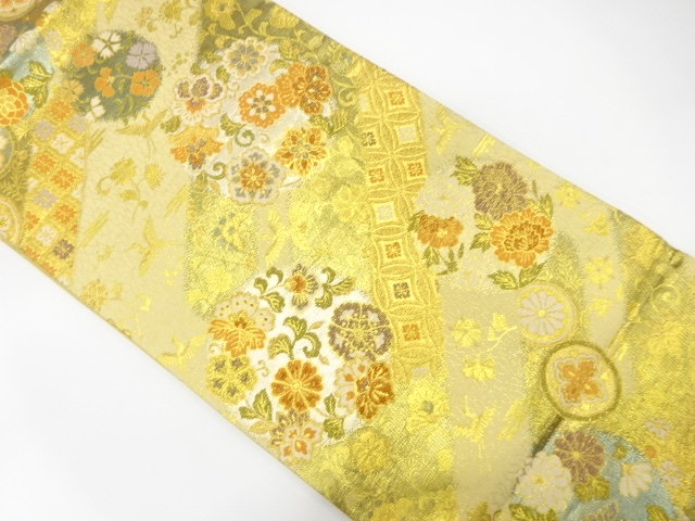 本金箔二重織　変わりヱ霞に花・古典柄織り出し　袋帯