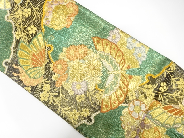 雪輪に蝶・花模様織り出し　振袖用袋帯