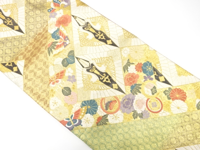 向かい鶴に蝶・花模様織り出し　振袖用袋帯