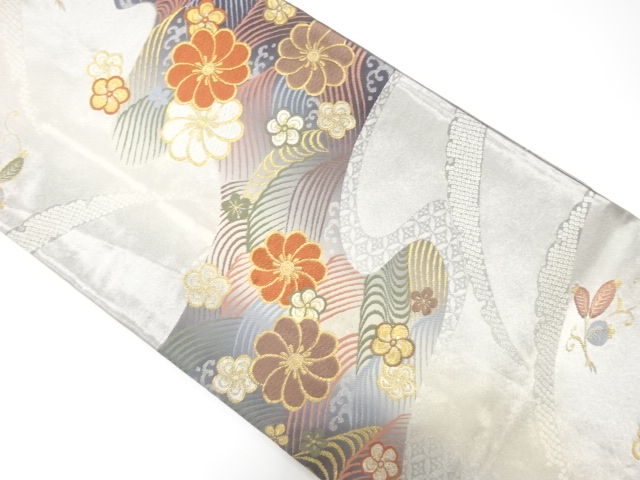波に花模様織り出し　振袖用袋帯