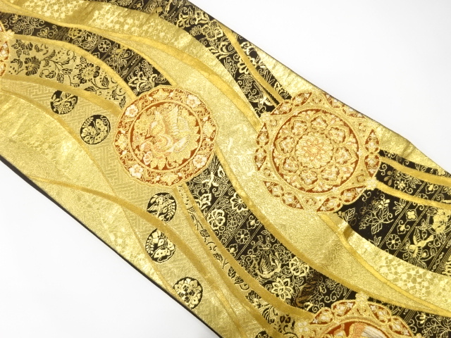 よろけ縞に絵皿模様織り出し　袋帯