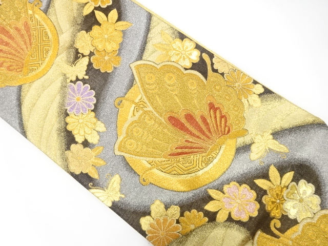 流水に蝶・花模様織り出し　振袖用袋帯