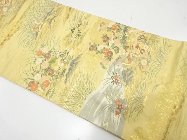 JAPANESE KIMONO / FUKURO OBI / SILK / WOVEN LANDSCAPE & FLOWERS & BIRDS