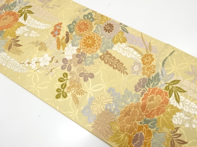 唐織　菊に藤・牡丹模様織り出し　袋帯