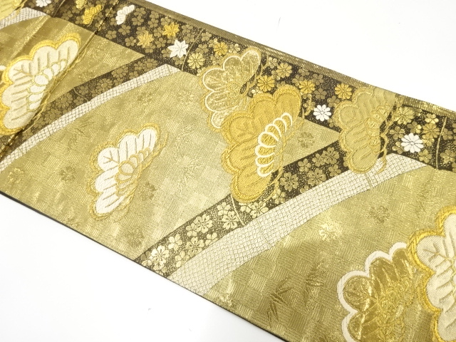 笠松に竹・菊・楓模様織り出し　振袖用袋帯