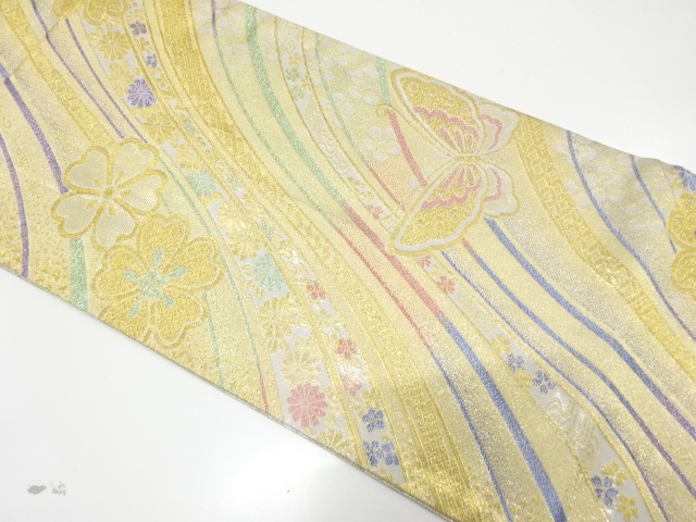 JAPANESE KIMONO / FUKURO OBI FOR FURISODE / SILK / WOVEN MOUNTAINS & BUTTERFLY & SAKURA