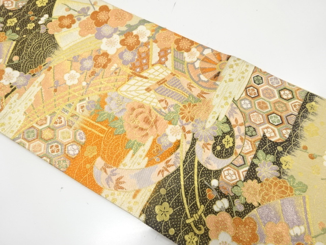 佐賀錦　橋に御所車・花・古典柄織り出し　振袖用袋帯