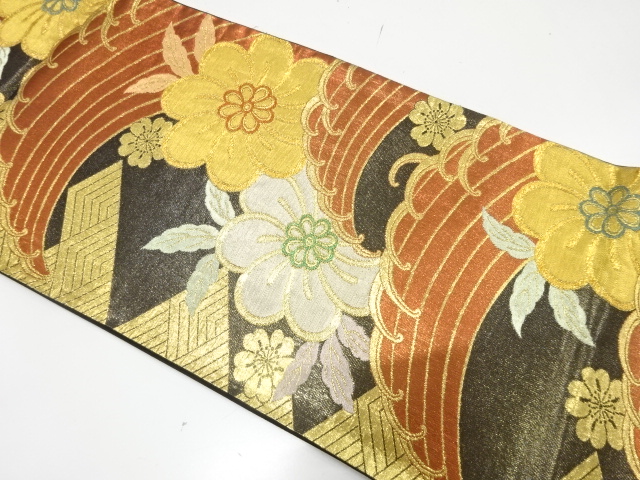 JAPANESE KIMONO / FUKURO OBI FOR FURISODE / SILK / WOVEN ROUGH WAVE & FLOWERS