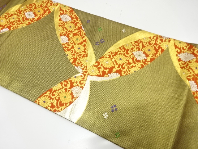 JAPANESE KIMONO / FUKURO OBI FOR FURISODE / SILK / WOVEN KIKU & ARABESQUE