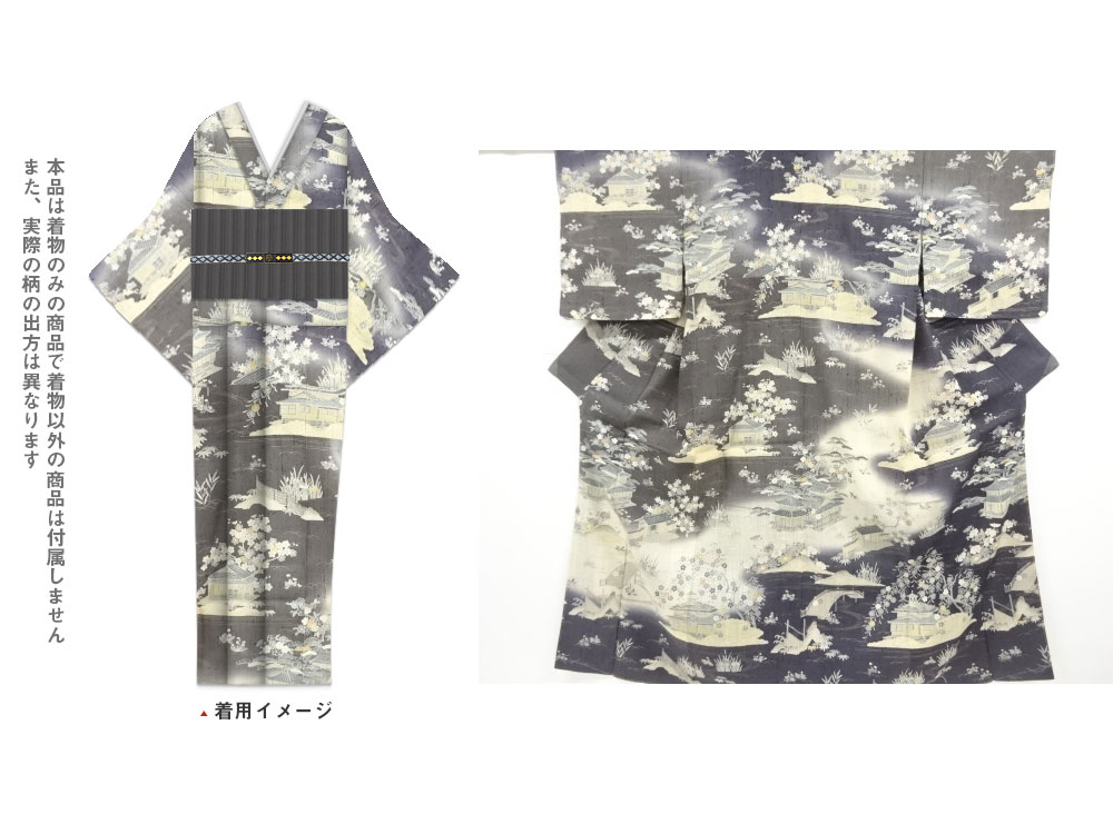 JAPANESE KIMONO / VINTAGE UNUSED HOMONGI / SHOZAN TSUMUGI / TEMPLE SCENERY