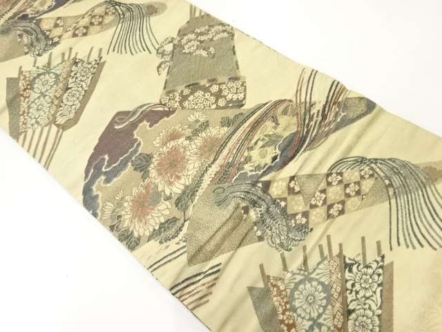 JAPANESE KIMONO / ANTIQUE MARU OBI / SILK / WOVEN KIKU & ARROW FEATHERS