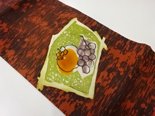 リサイクル　柿に葡萄模様名古屋帯