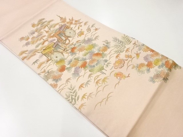 袋帯 正絹 おしどり御所車 刺繍 （袋帯 リバーシブル 曲水源氏車文 鏡 