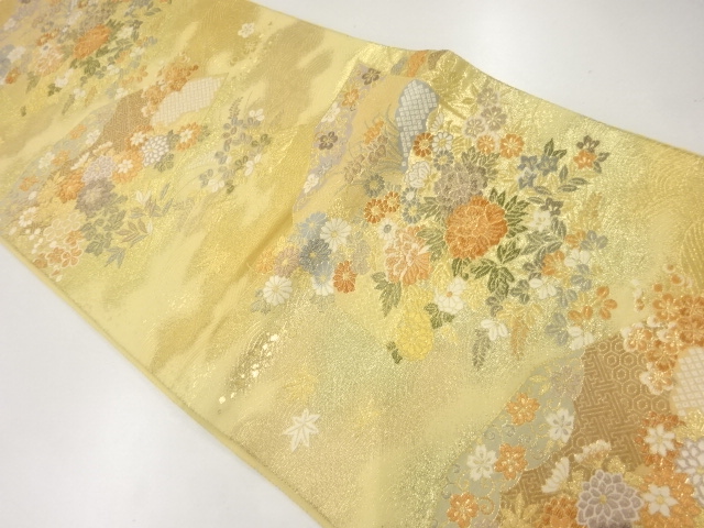 扇に草花模様織出し袋帯