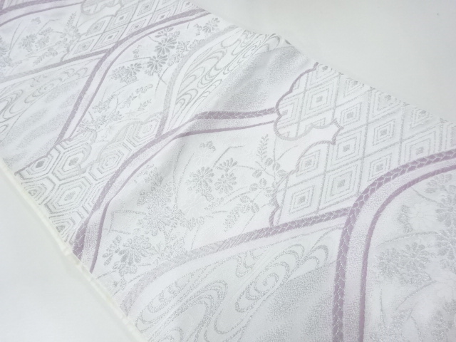 JAPANESE KIMONO / ANTIQUE FUKURO OBI / WOVEN DISTANT MOUNTAINS & FLORAL CLASSICAL PATTERN