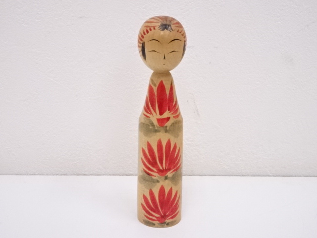 JAPANESE FOLK CRAFT / WOODEN KOKESHI DOLL / 14.6cm / SIGNED ARTISAN WORK 