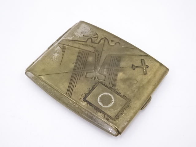 ANTIQUE JAPANESE TOBACCO CONTAINER / NATIONAL FLAG WITH PLANE 