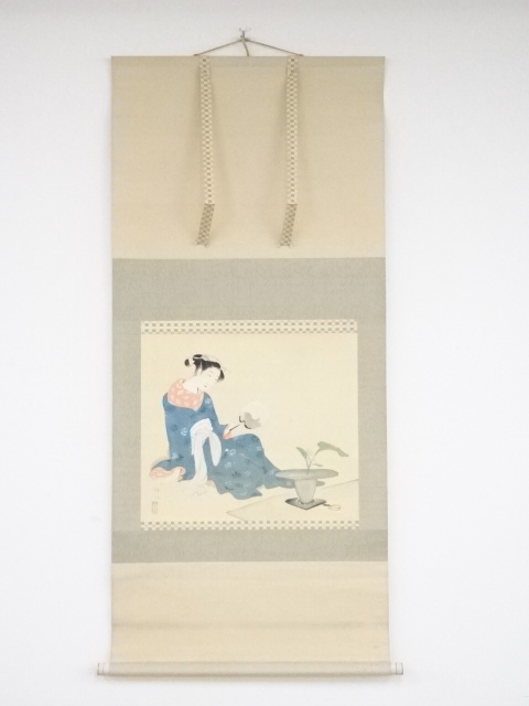 梶原緋佐子筆　美人図　肉筆絹本掛軸（箱付）