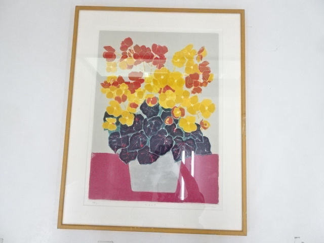 絵画　鈴木英之　「ベコニア」リトグラフ　額装　26/30