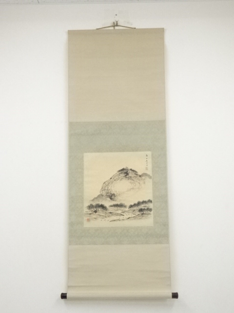 甲斐虎山筆　嶺頭古廟図　肉筆紙本掛軸（共箱）