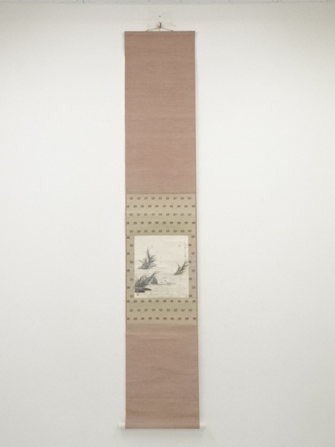 甲斐虎山筆　芦江夜泊図　肉筆紙本掛軸（共箱）