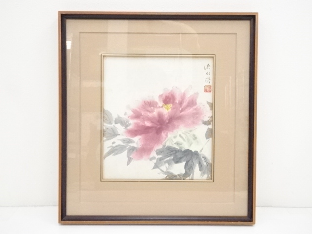 伊東深水筆　牡丹図色紙　肉筆額装