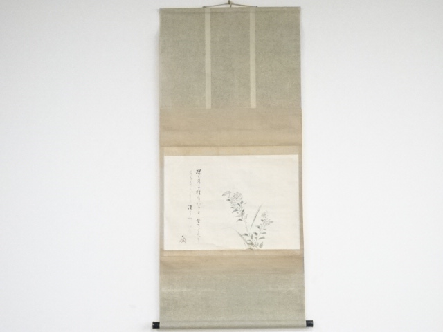 大徳寺435世大綱宗彦賛　寒菊図　肉筆紙本掛軸（箱付）