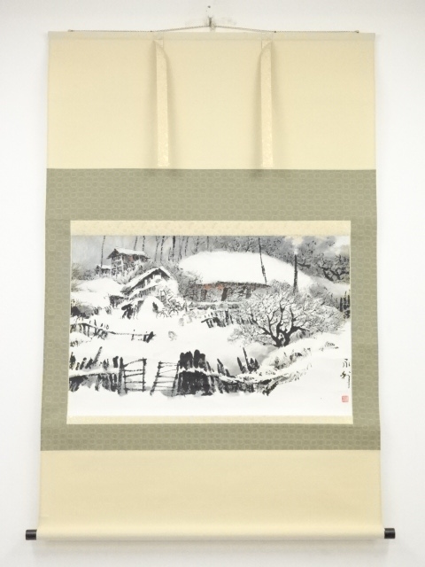 韓永利筆　雪中梅花　肉筆紙本掛軸（中田勇次郎箱書）