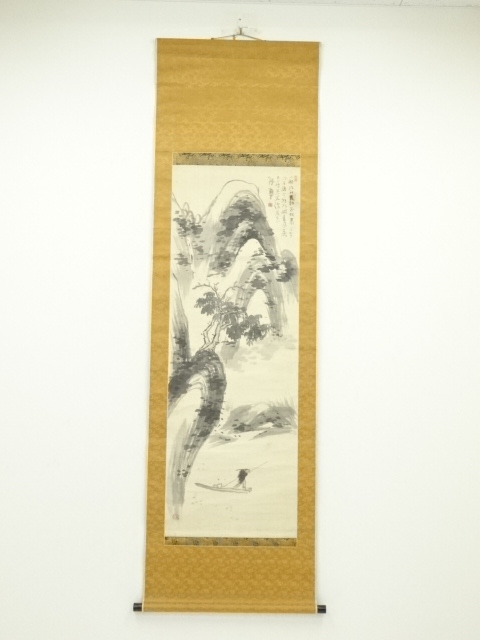 富岡鉄斎筆　春景山水　肉筆絹本掛軸（箱付）